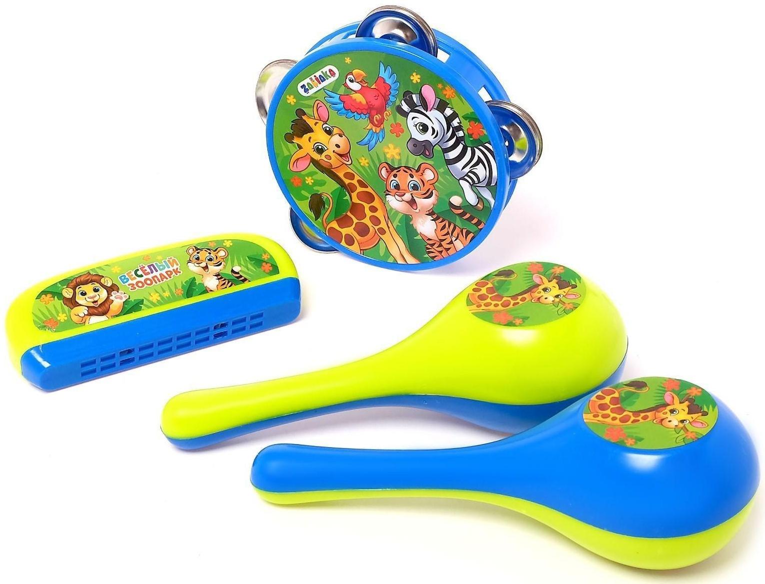 Набор музыкальных инструментов «Весёлый зоопарк»: бубен, 2 маракаса, губная гармошка