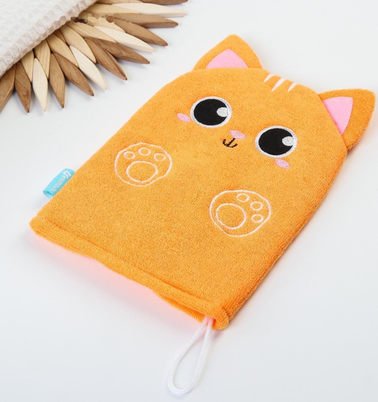 Мочалка детская для купания «Котик», варежка, из махры