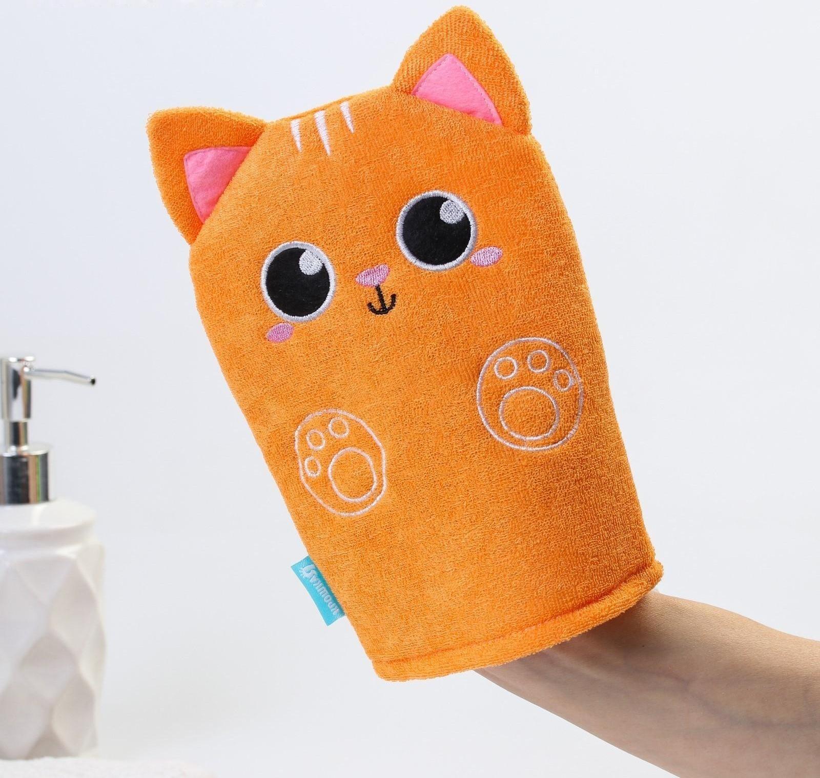 Мочалка детская для купания «Котик», варежка, из махры