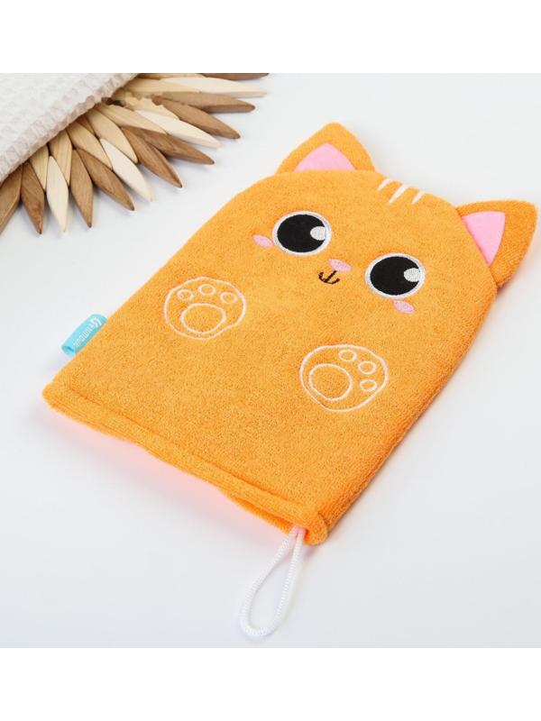 Мочалка детская для купания «Котик», варежка, из махры