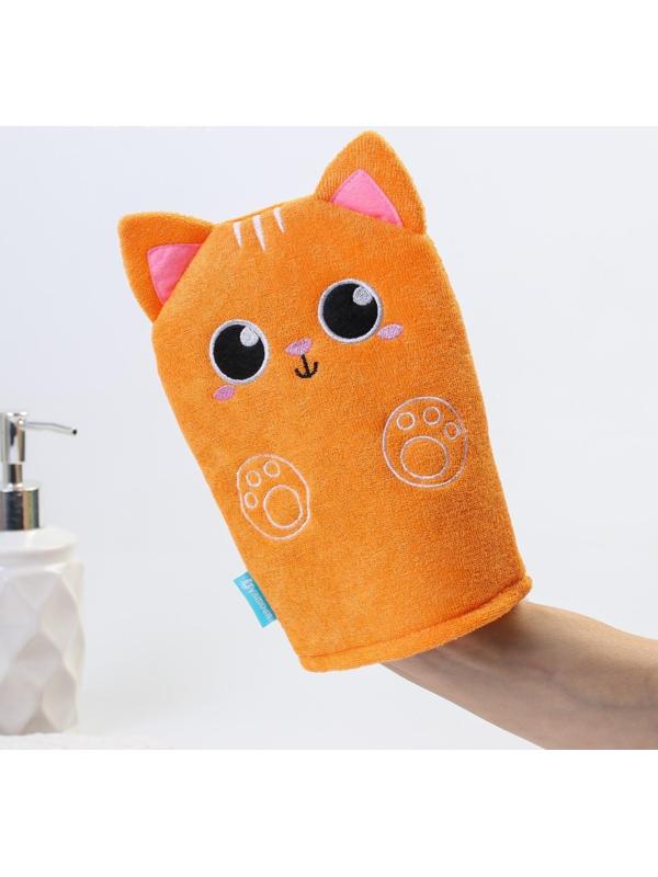 Мочалка детская для купания «Котик», варежка, из махры