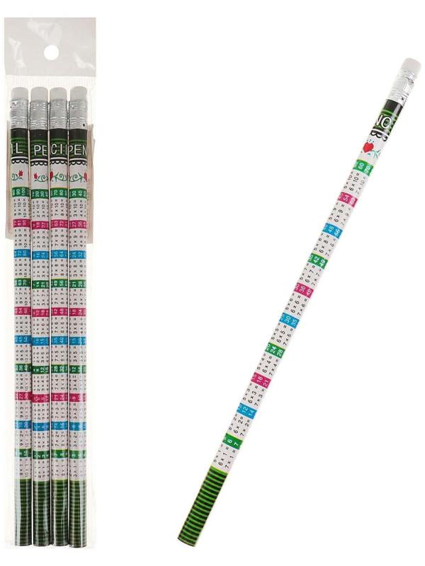 Набор чернографитных карандашей с ластиком и таблицей умножения, 4 штуки