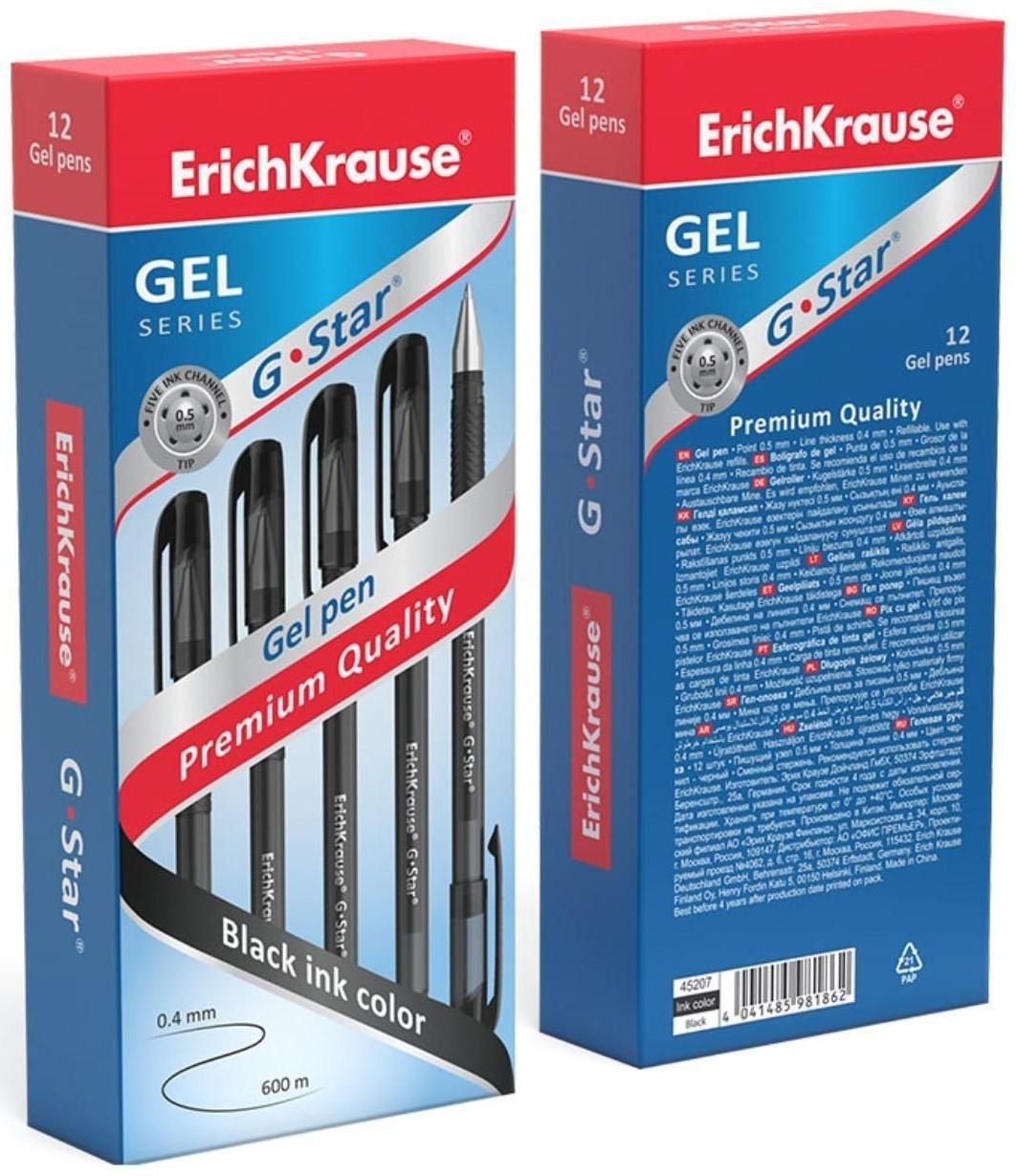 Ручка гелевая Erich Krause G-Star, узел 0.5 мм, чернила чёрные, грип-зона из резины, длина письма 600 метров