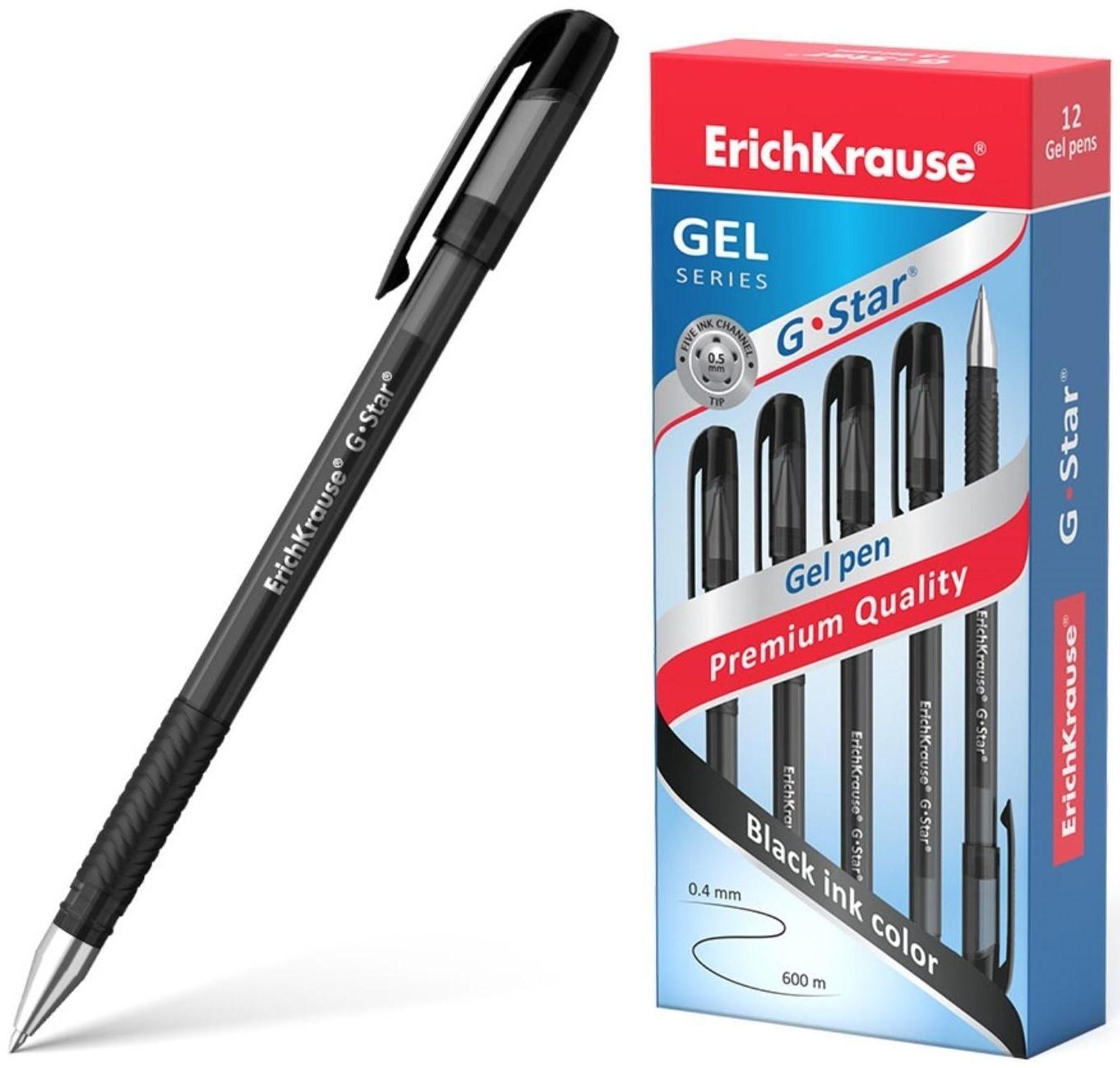 Ручка гелевая Erich Krause G-Star, узел 0.5 мм, чернила чёрные, грип-зона из резины, длина письма 600 метров
