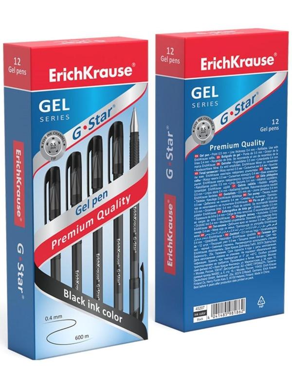 Ручка гелевая Erich Krause G-Star, узел 0.5 мм, чернила чёрные, грип-зона из резины, длина письма 600 метров
