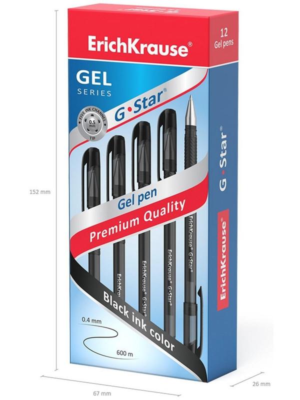 Ручка гелевая Erich Krause G-Star, узел 0.5 мм, чернила чёрные, грип-зона из резины, длина письма 600 метров