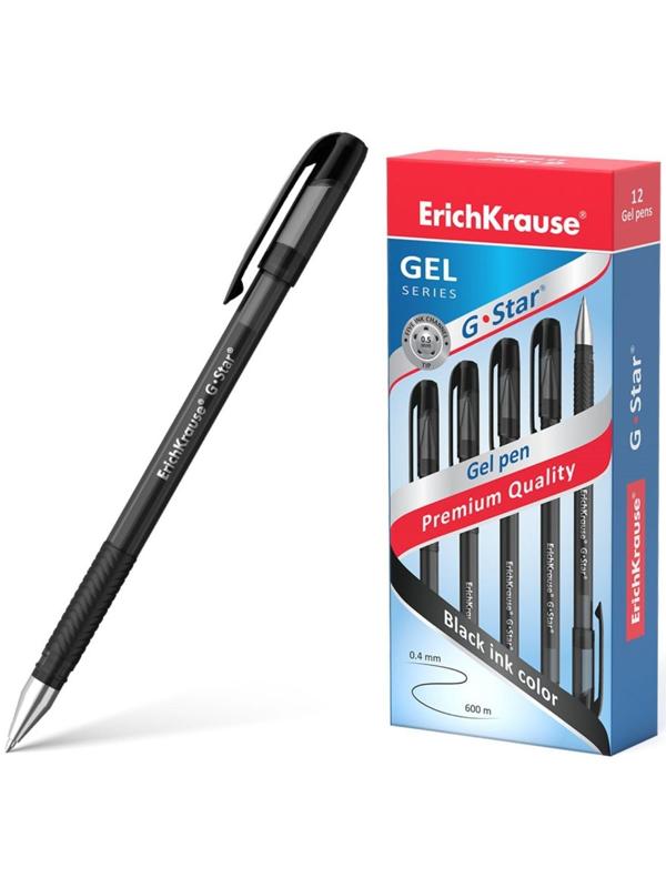 Ручка гелевая Erich Krause G-Star, узел 0.5 мм, чернила чёрные, грип-зона из резины, длина письма 600 метров
