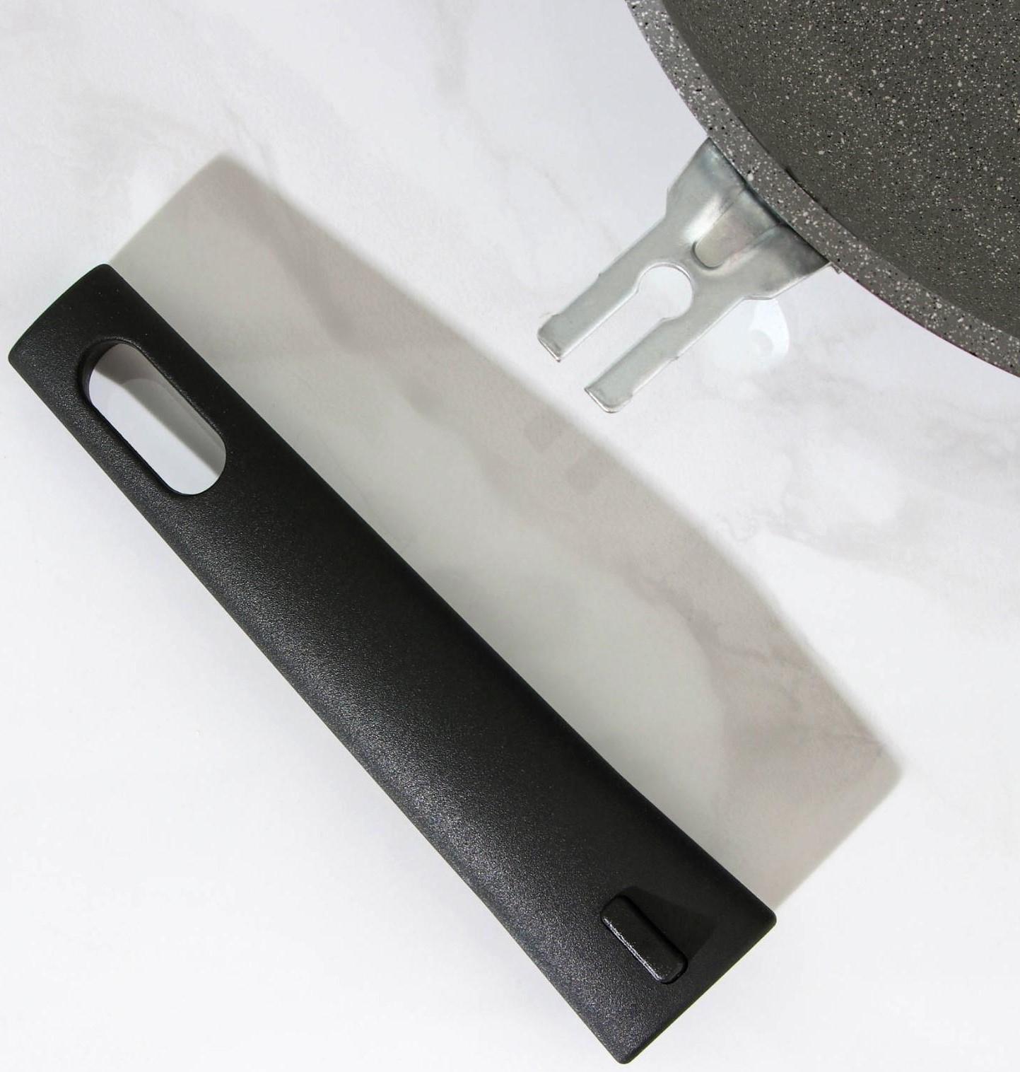 Сковорода, d=24 см, съёмная ручка, стеклянная крышка, антипригарное покрытие, цвет светлый мрамор