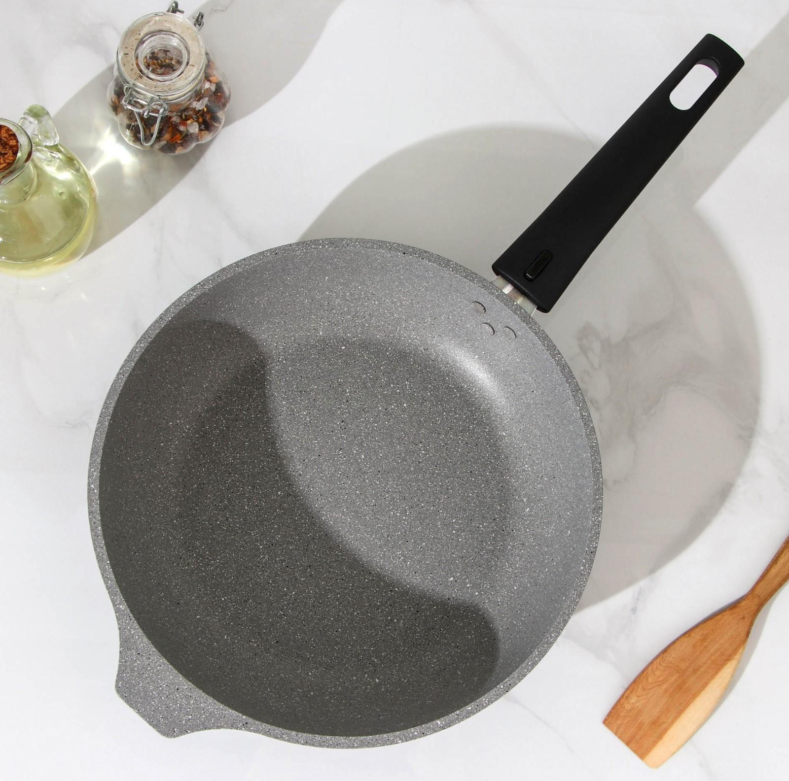 Сковорода, d=24 см, съёмная ручка, стеклянная крышка, антипригарное покрытие, цвет светлый мрамор