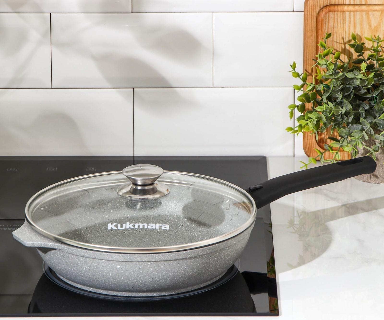 Сковорода, d=24 см, съёмная ручка, стеклянная крышка, антипригарное покрытие, цвет светлый мрамор