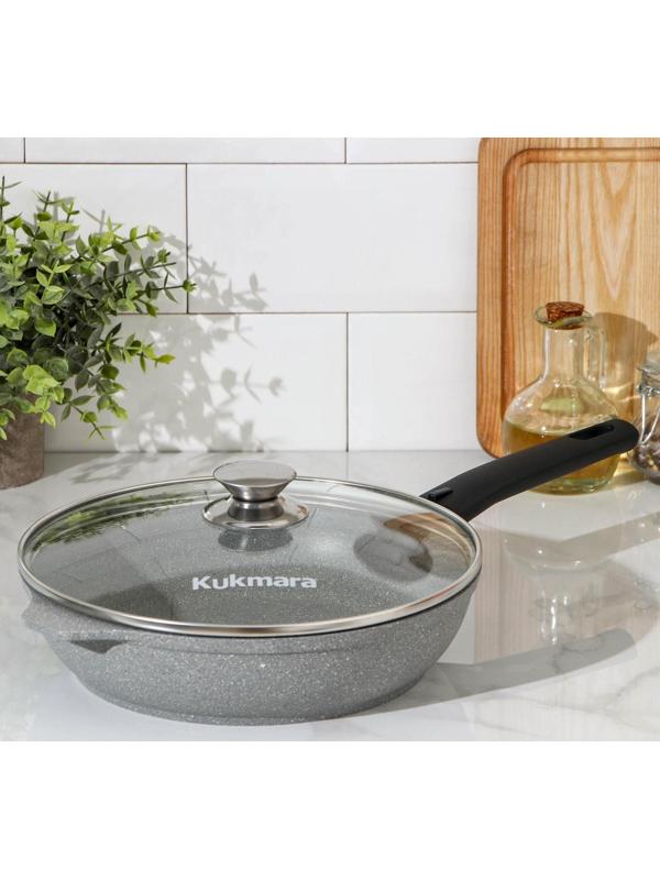 Сковорода, d=24 см, съёмная ручка, стеклянная крышка, антипригарное покрытие, цвет светлый мрамор