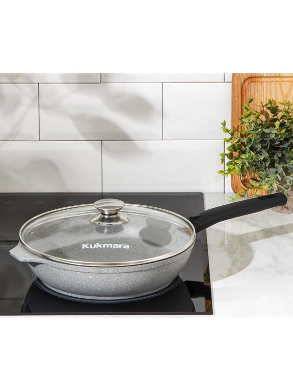 Сковорода, d=24 см, съёмная ручка, стеклянная крышка, антипригарное покрытие, цвет светлый мрамор