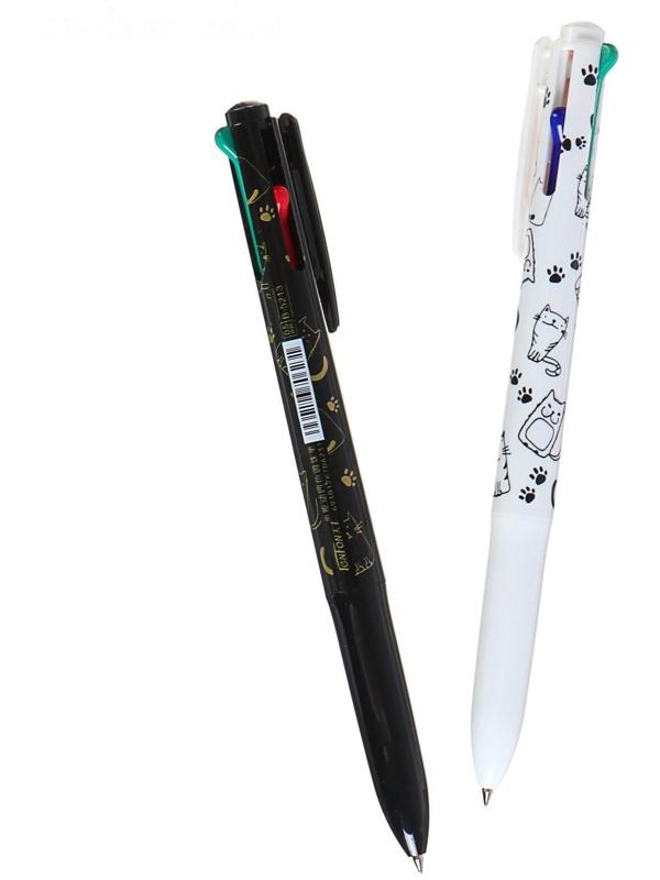 Ручка шариковая, автоматическая 4 - х цветная, цвет корпуса МИКС с рисунком, штрихкод на штуке