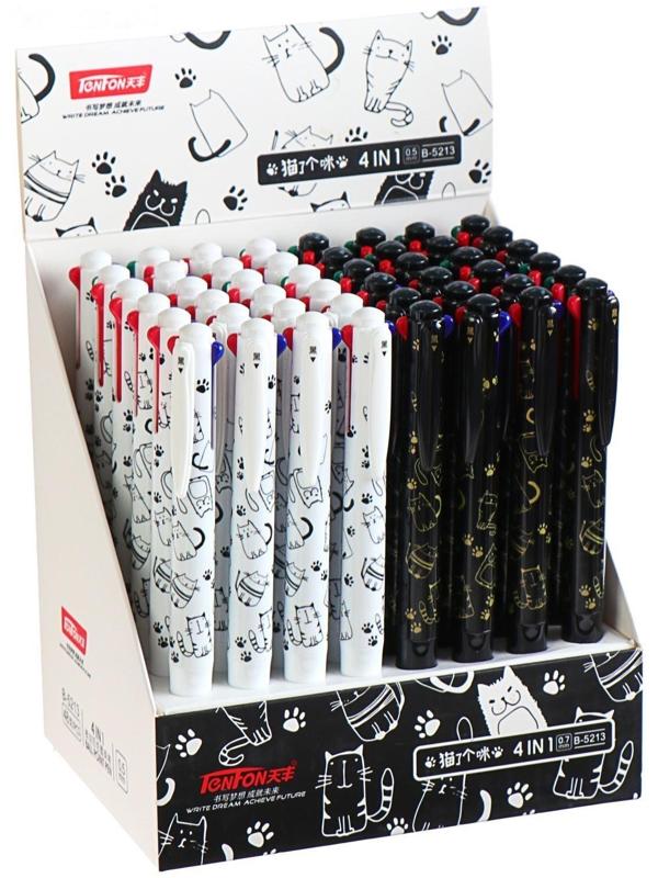 Ручка шариковая, автоматическая 4 - х цветная, цвет корпуса МИКС с рисунком, штрихкод на штуке