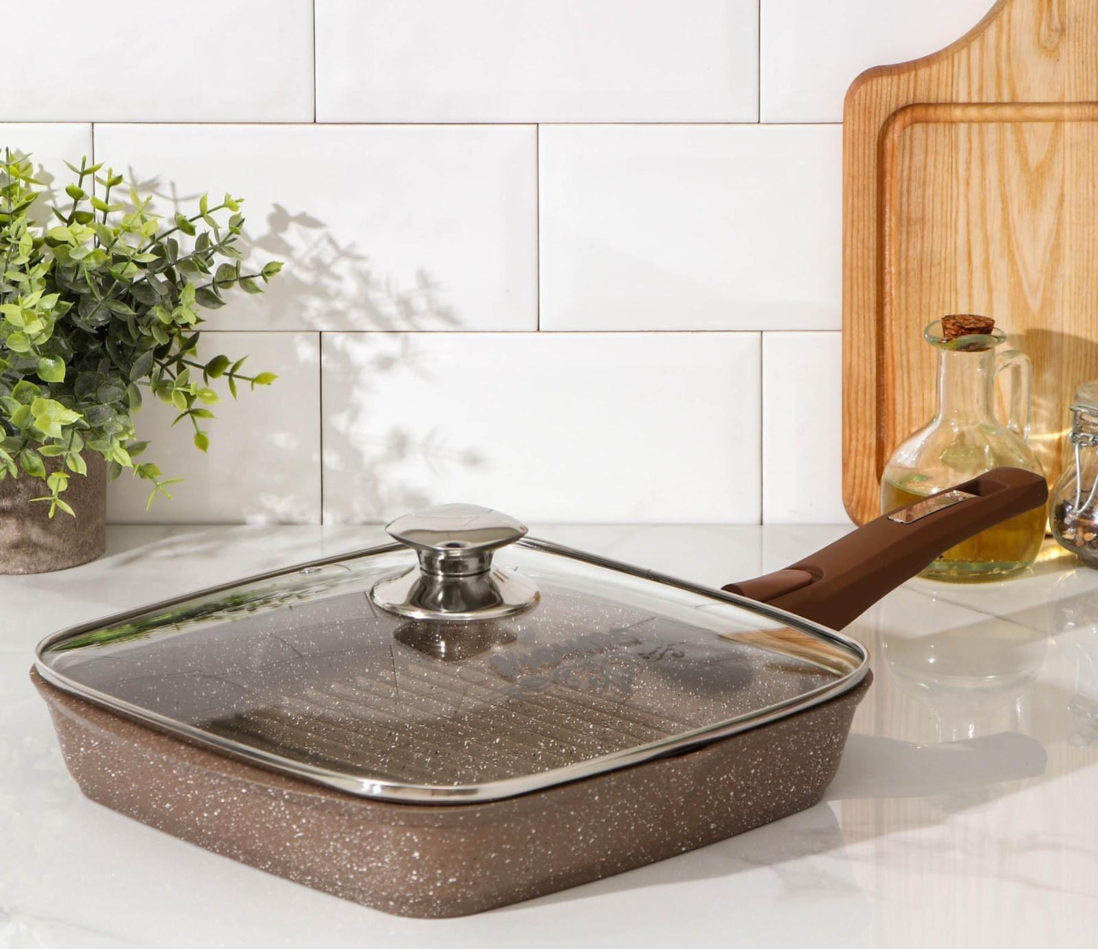 Сковорода-гриль «Гранит», 26×26 см, съёмная ручка, стеклянная крышка, антипригарное покрытие, цвет коричневый