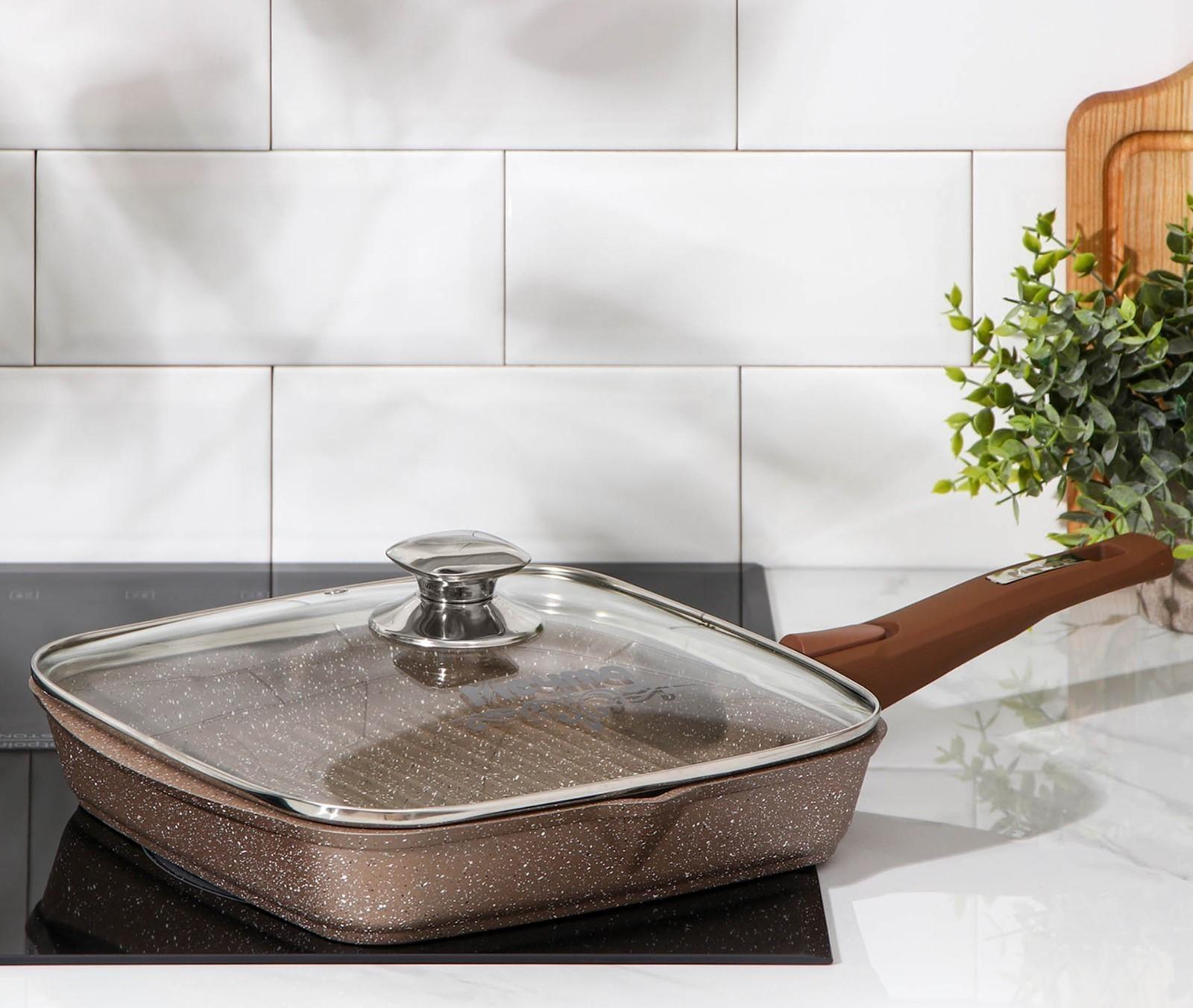 Сковорода-гриль «Гранит», 26×26 см, съёмная ручка, стеклянная крышка, антипригарное покрытие, цвет коричневый