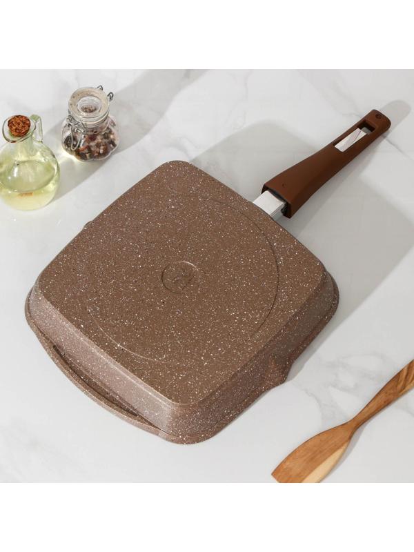 Сковорода-гриль «Гранит», 26×26 см, съёмная ручка, стеклянная крышка, антипригарное покрытие, цвет коричневый
