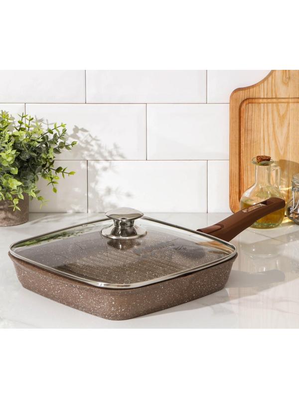 Сковорода-гриль «Гранит», 26×26 см, съёмная ручка, стеклянная крышка, антипригарное покрытие, цвет коричневый
