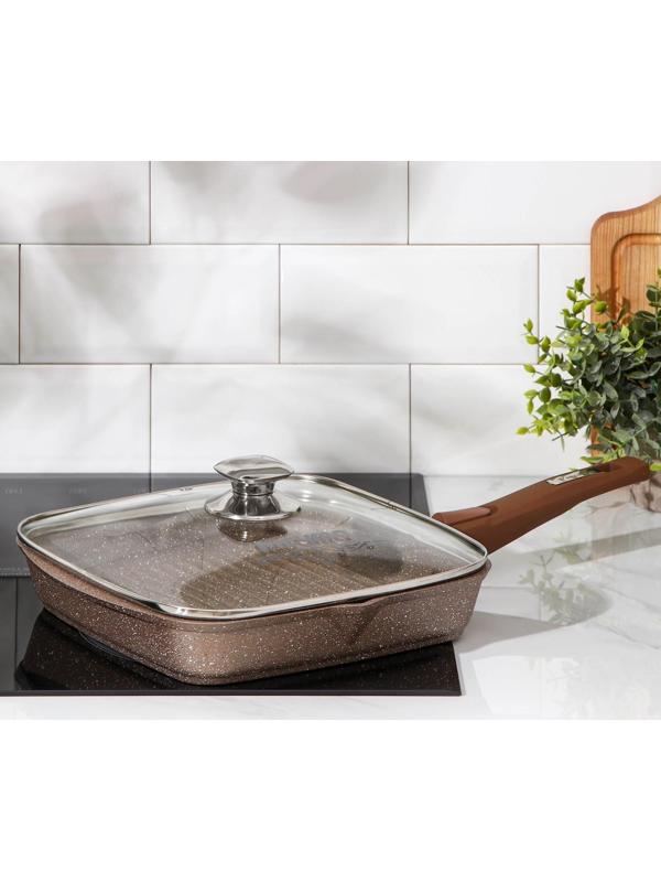 Сковорода-гриль «Гранит», 26×26 см, съёмная ручка, стеклянная крышка, антипригарное покрытие, цвет коричневый