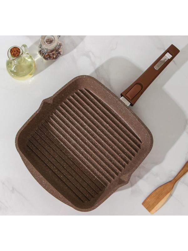 Сковорода-гриль «Гранит», 26×26 см, съёмная ручка, стеклянная крышка, антипригарное покрытие, цвет коричневый
