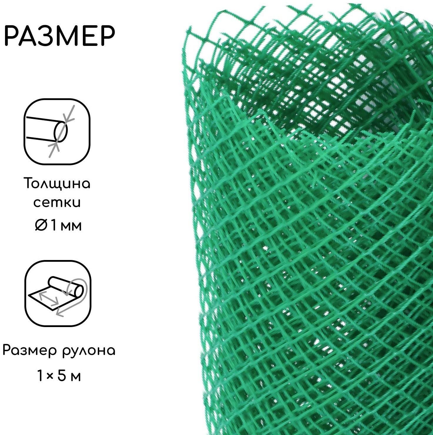 Сетка садовая, 1 × 5 м, ячейка 15 × 15 мм, пластиковая, зелёная, Greengo