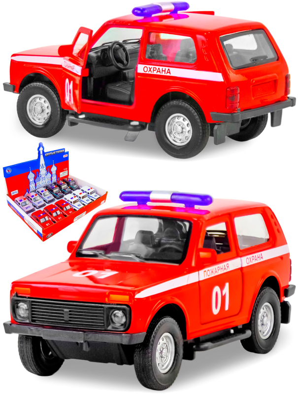 Металлическая машинка 1:32 «Служебная Лада Нива» 12 см., А182R-182R свет и звук, инерционная / Красный
