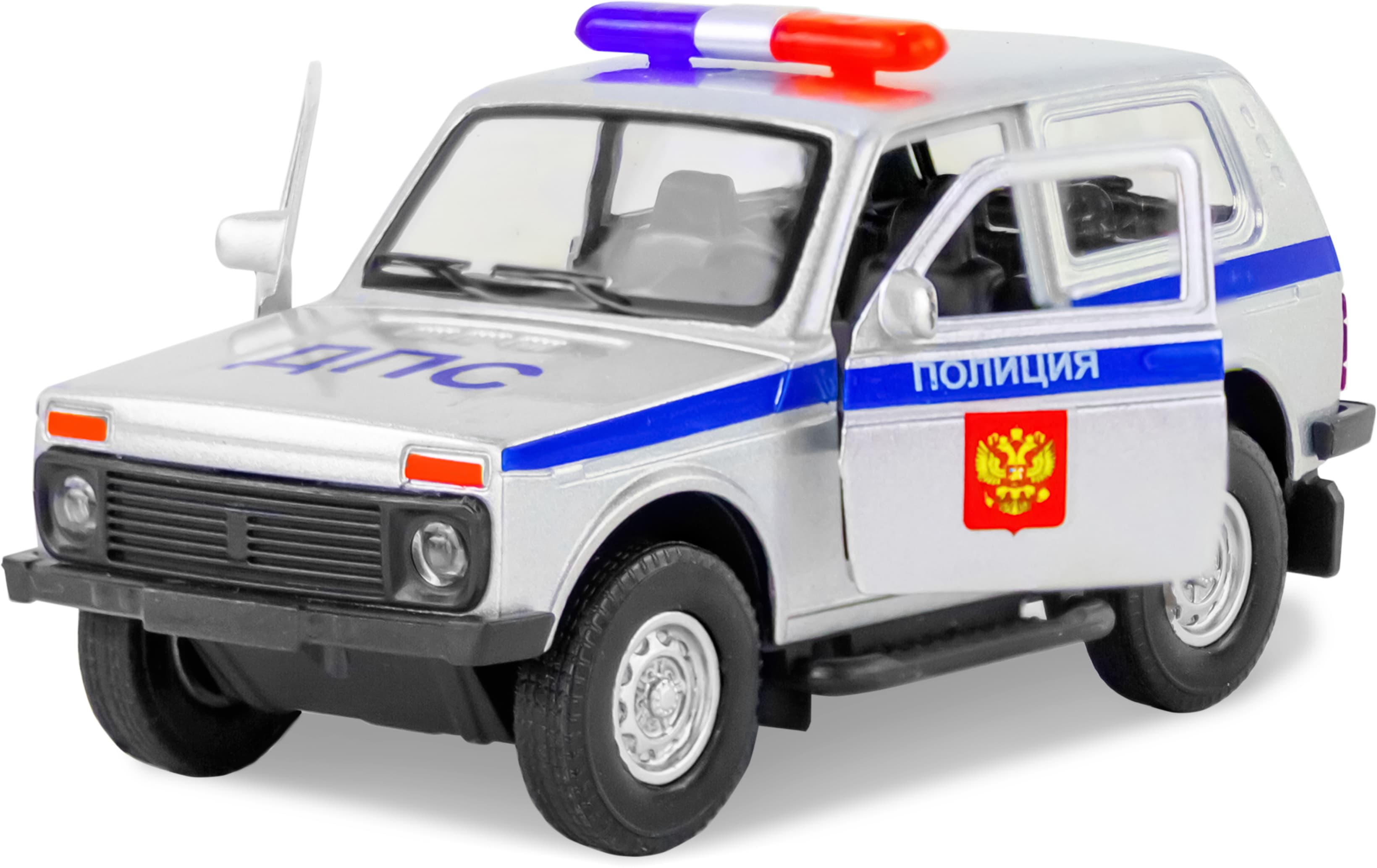Металлическая машинка 1:32 «Служебная Лада Нива» 12 см., А182R-182R свет и звук, инерционная / Серебристый