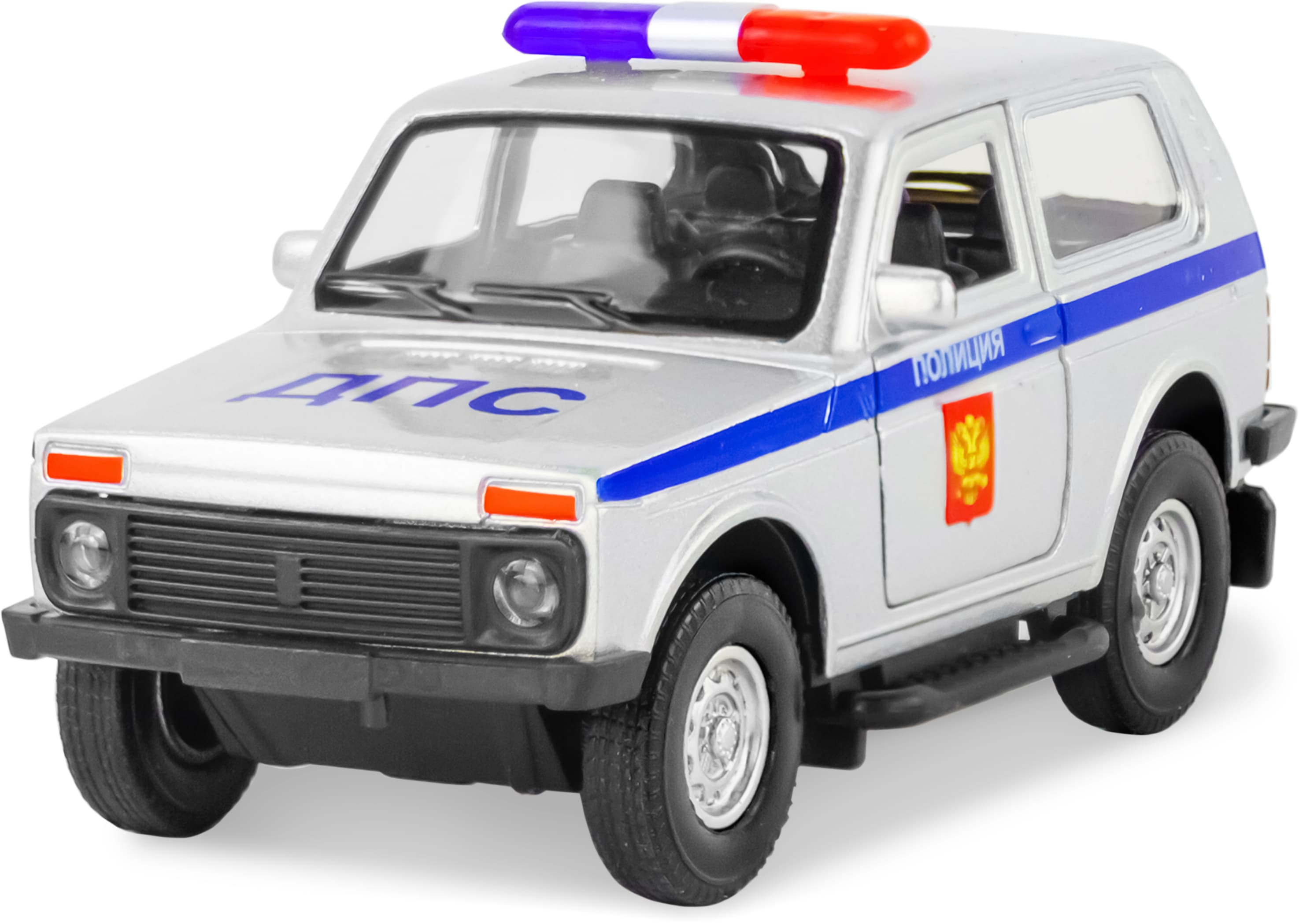 Металлическая машинка 1:32 «Служебная Лада Нива» 12 см., А182R-182R свет и звук, инерционная / Серебристый