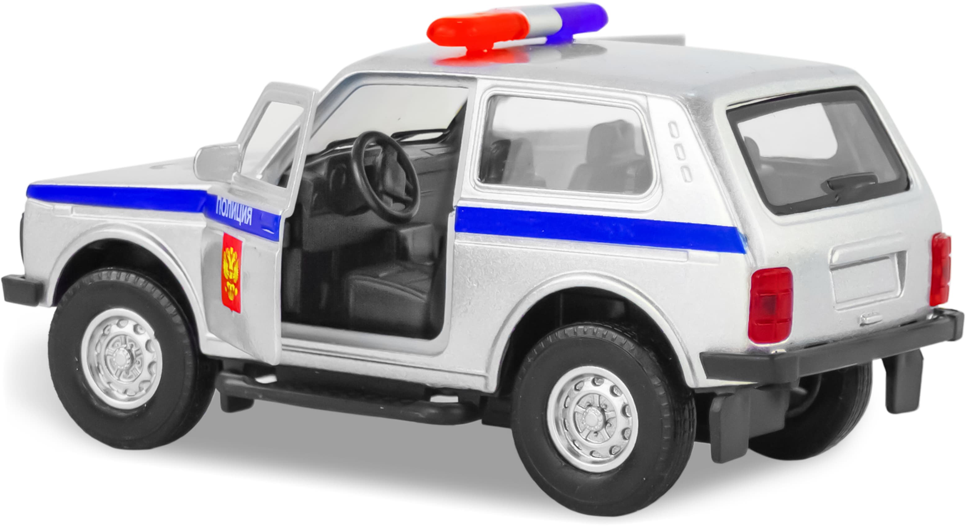 Металлическая машинка 1:32 «Служебная Лада Нива» 12 см., А182R-182R свет и звук, инерционная / Серебристый