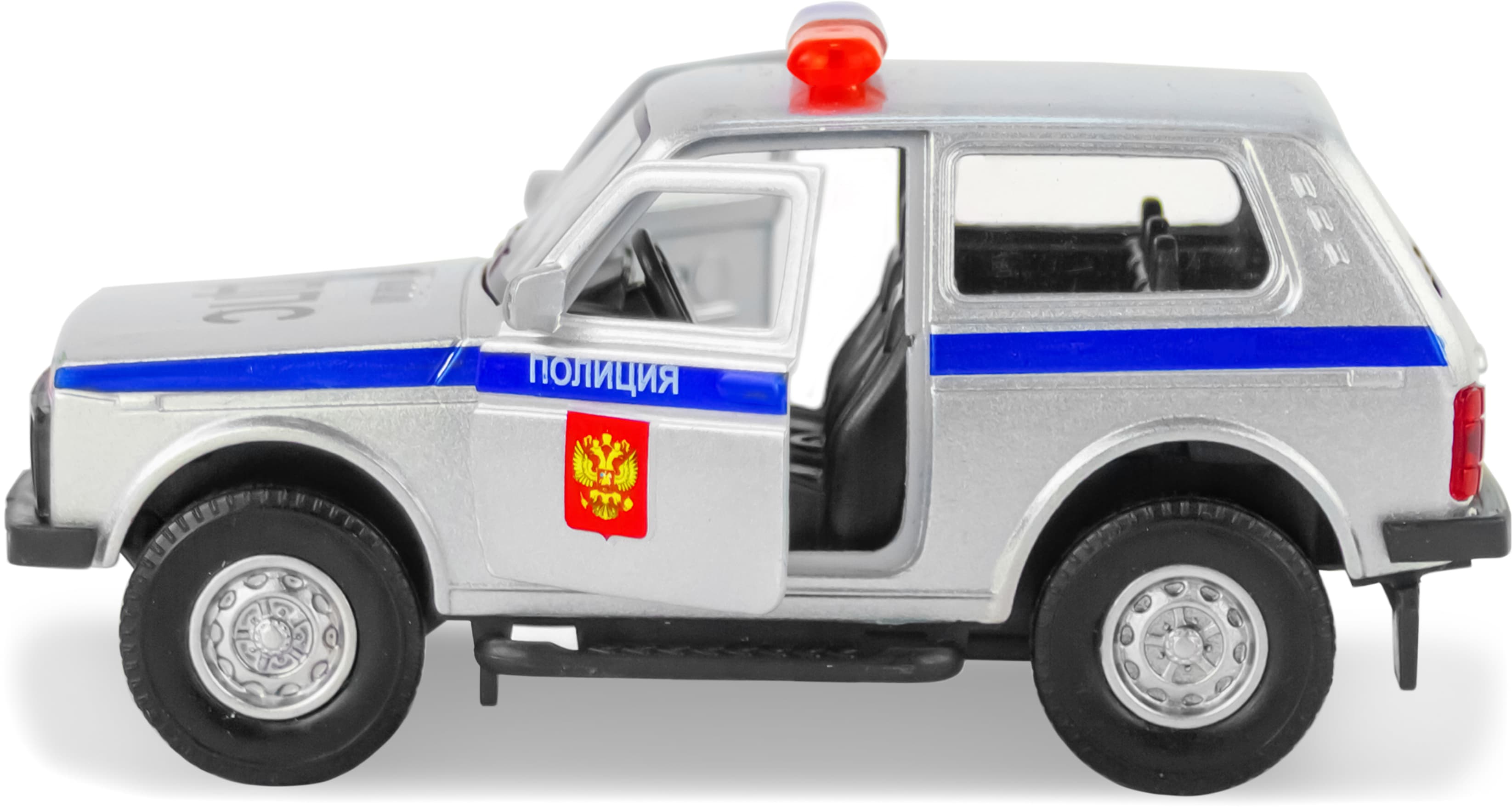 Металлическая машинка 1:32 «Служебная Лада Нива» 12 см., А182R-182R свет и звук, инерционная / Серебристый