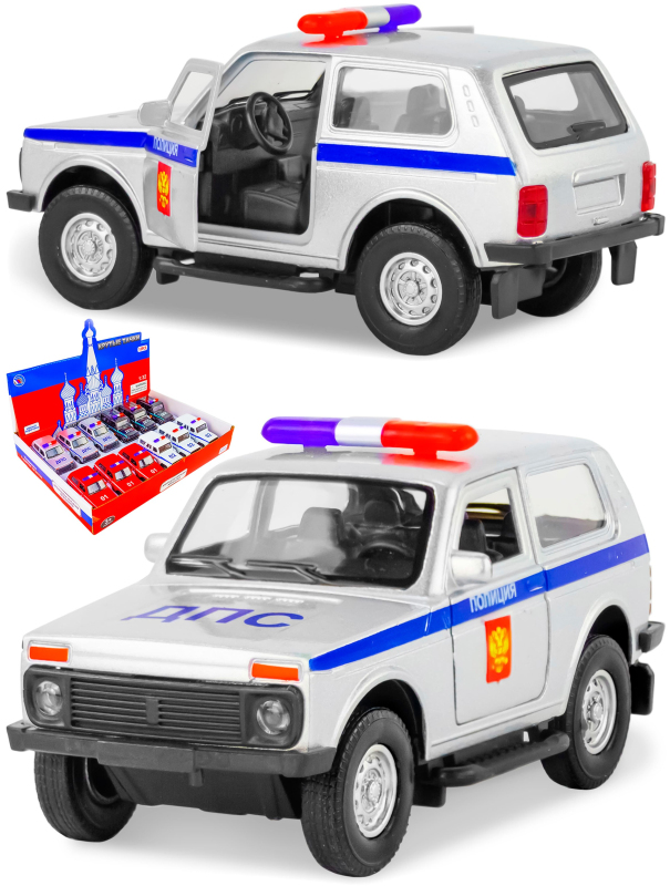 Металлическая машинка 1:32 «Служебная Лада Нива» 12 см., А182R-182R свет и звук, инерционная / Серебристый