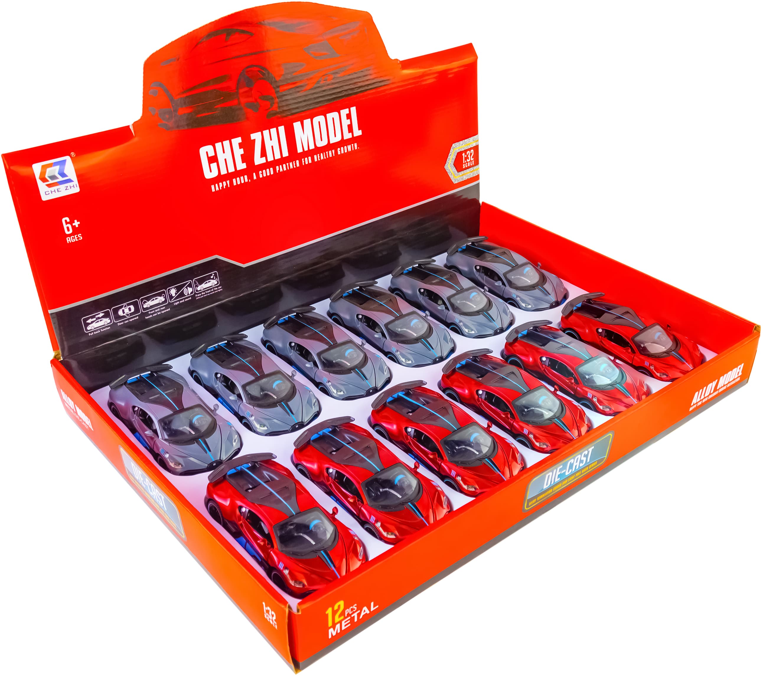 Металлическая машинка Che Zhi 1:32 «Bugatti Divo» CZ48A, 14.5 см., инерционная, свет, звук / Красный