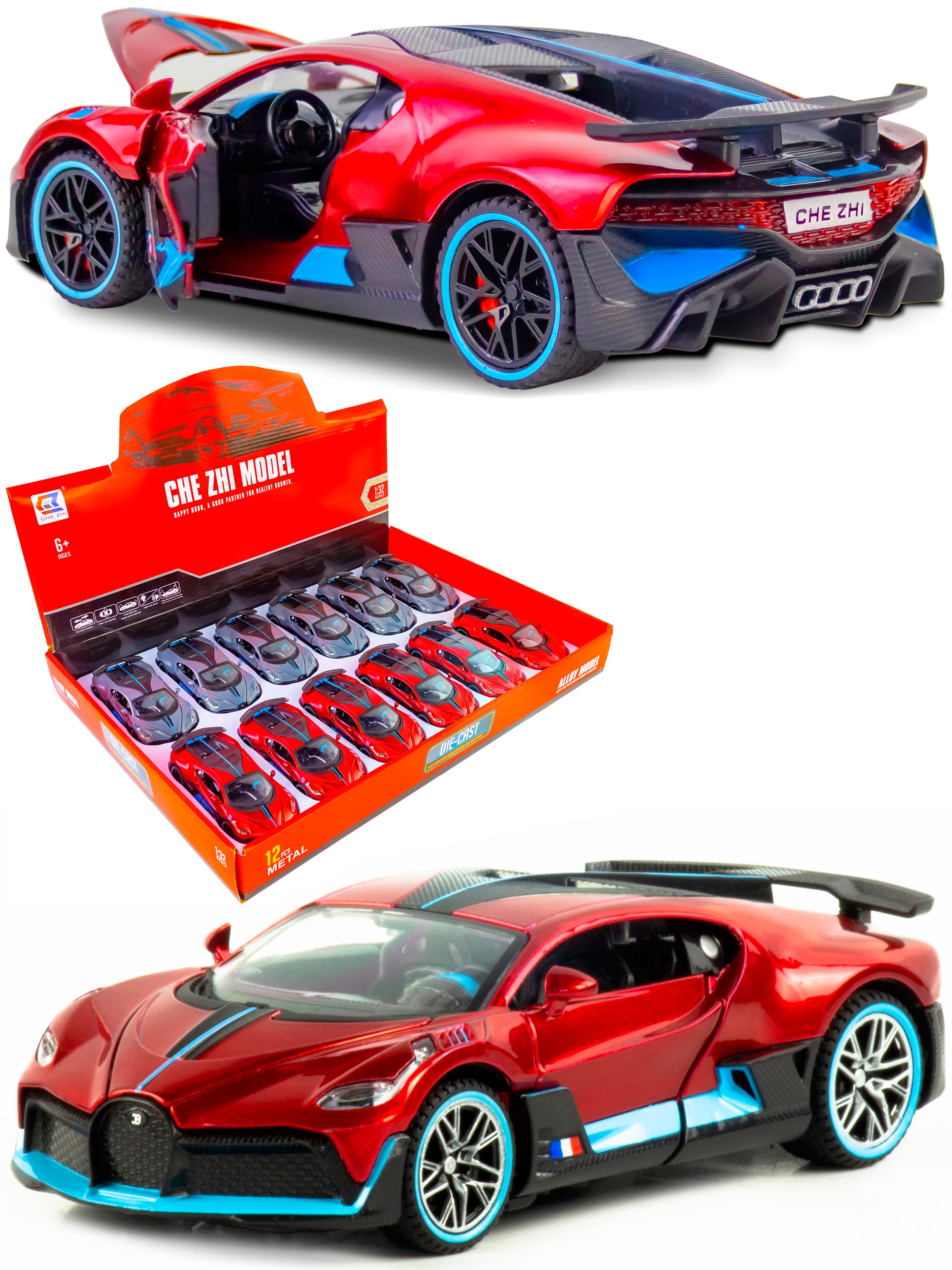 Металлическая машинка Che Zhi 1:32 «Bugatti Divo» CZ48A, 14.5 см., инерционная, свет, звук / Красный