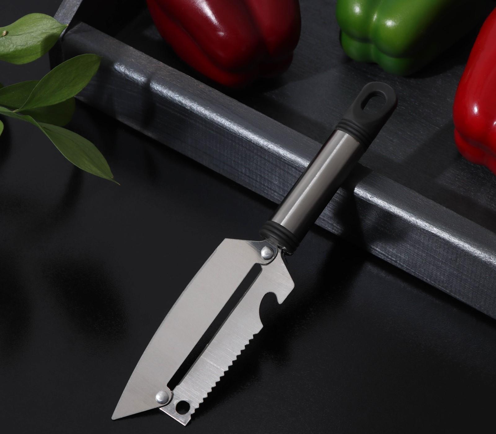 Шинковка, нож для нарезки, открывалка Доляна «Помощник», 3 в 1, 19,5 см (лезвие 9,8 см), цвет серебряный, чёрный