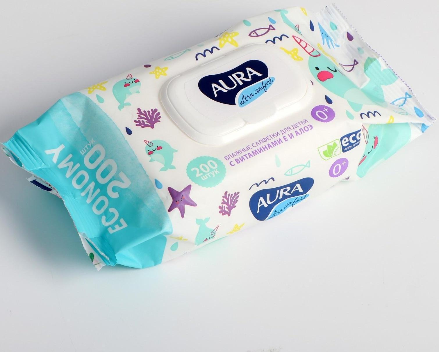Влажные салфетки Aura Ultra Comfort, для детей, 200 шт.