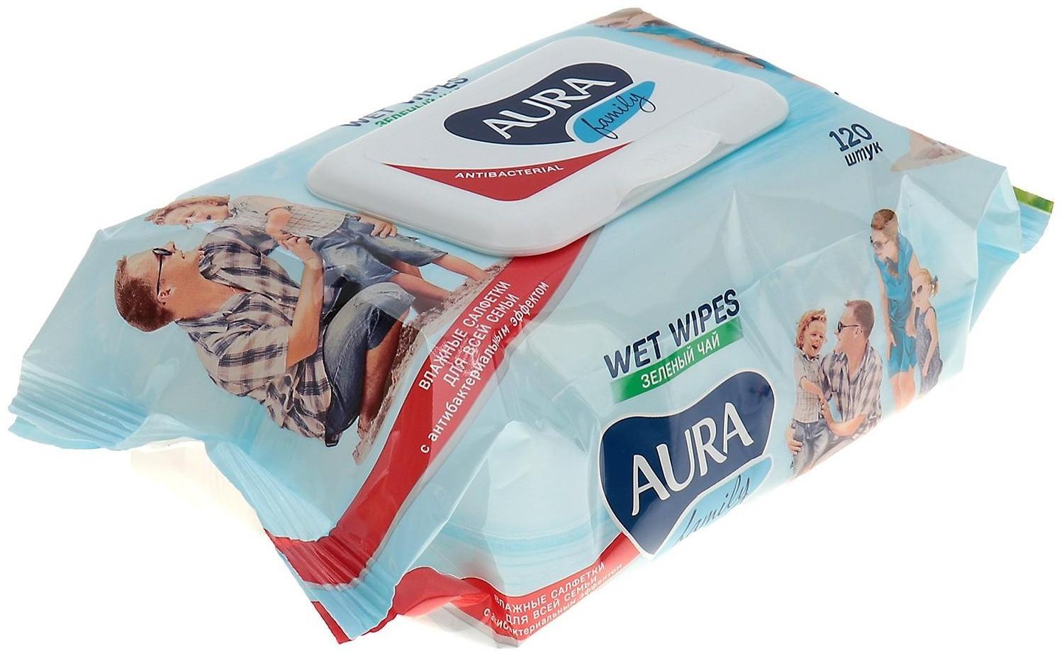 Влажные салфетки AURA FAMILY, для всей семьи, с антибактериальным эффектом 120 шт