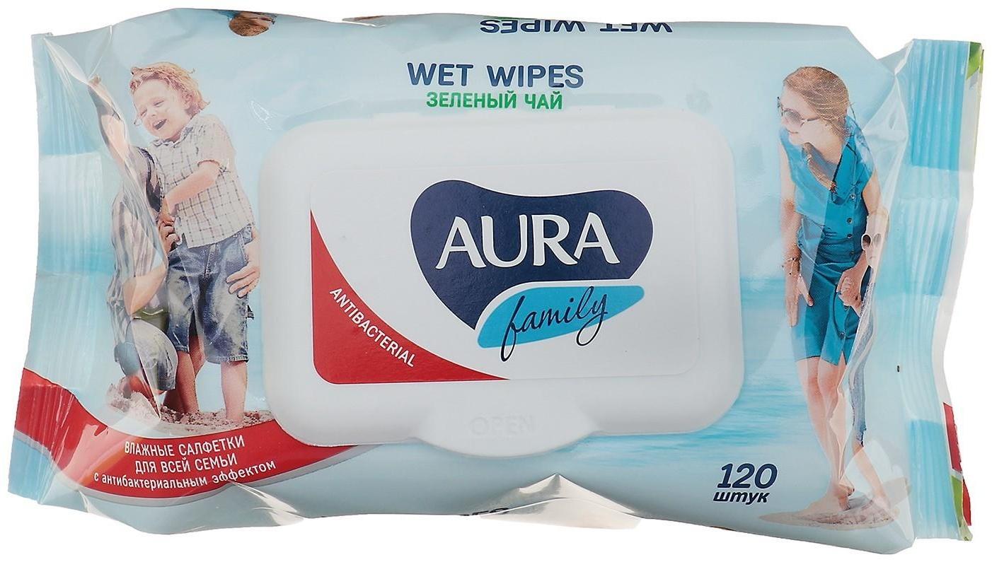 Влажные салфетки AURA FAMILY, для всей семьи, с антибактериальным эффектом 120 шт