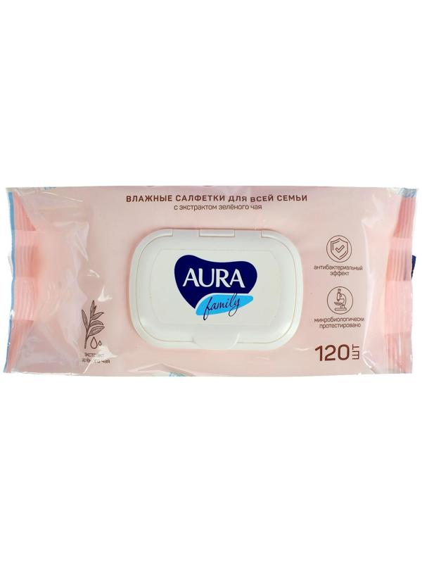 Влажные салфетки AURA FAMILY, для всей семьи, с антибактериальным эффектом 120 шт