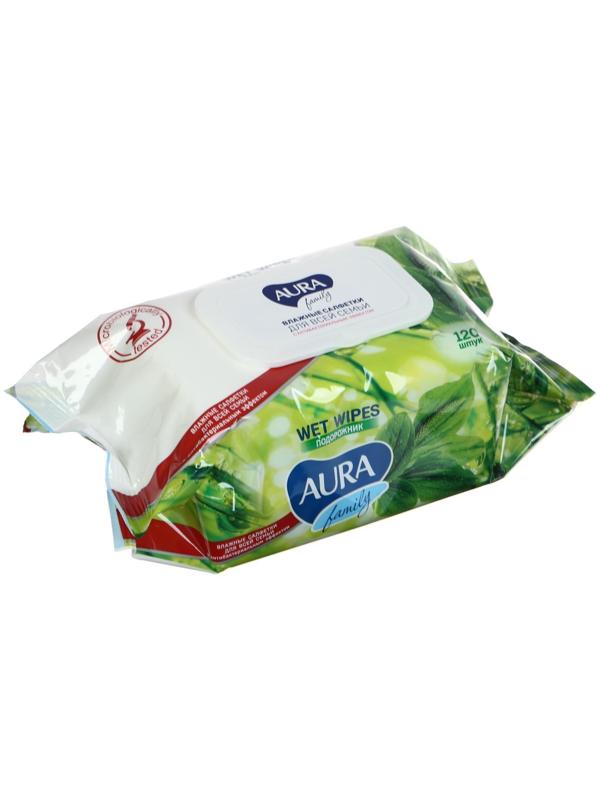 Влажные салфетки AURA FAMILY, для всей семьи, с антибактериальным эффектом 120 шт
