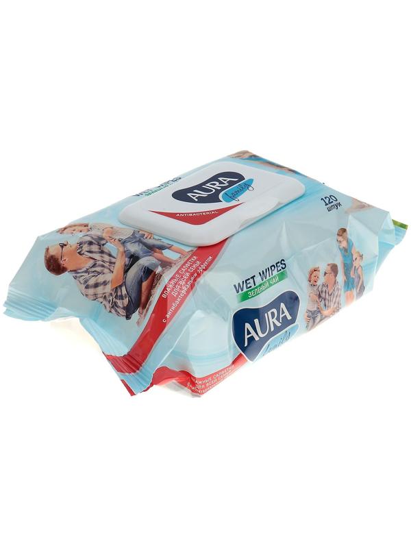 Влажные салфетки AURA FAMILY, для всей семьи, с антибактериальным эффектом 120 шт