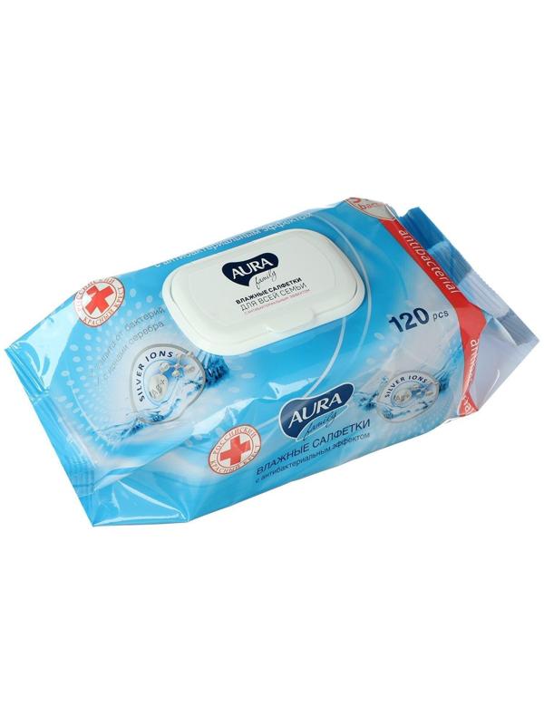 Влажные салфетки AURA FAMILY, для всей семьи, с антибактериальным эффектом 120 шт