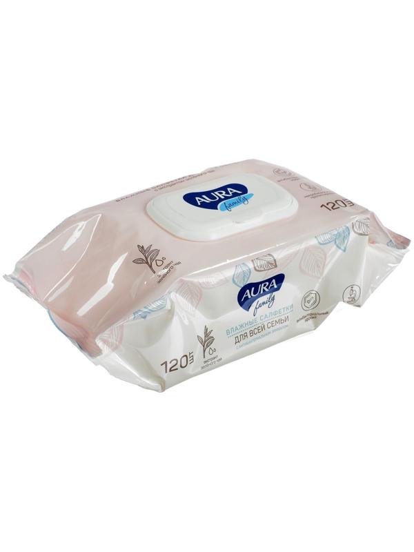 Влажные салфетки AURA FAMILY, для всей семьи, с антибактериальным эффектом 120 шт