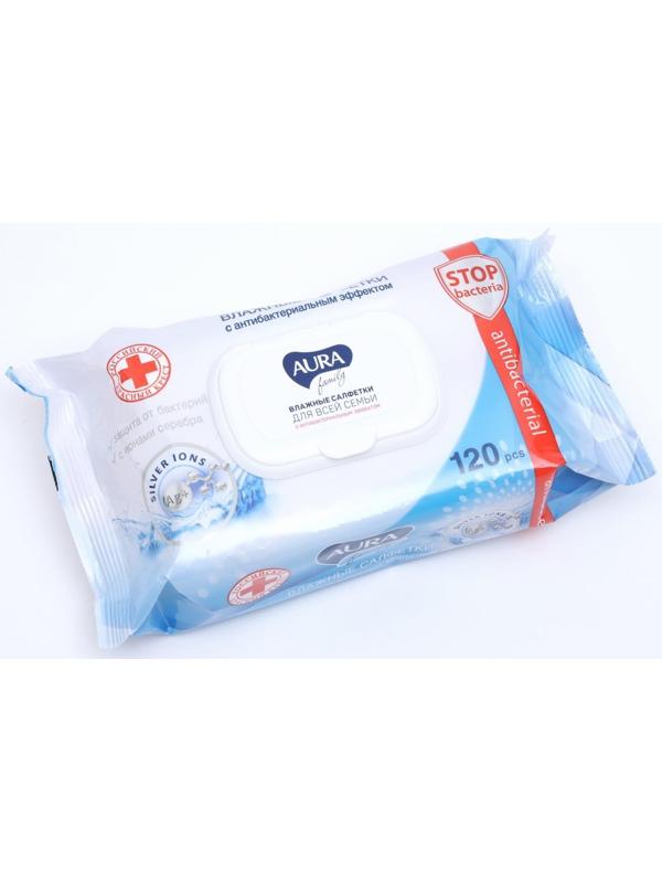 Влажные салфетки AURA FAMILY, для всей семьи, с антибактериальным эффектом 120 шт
