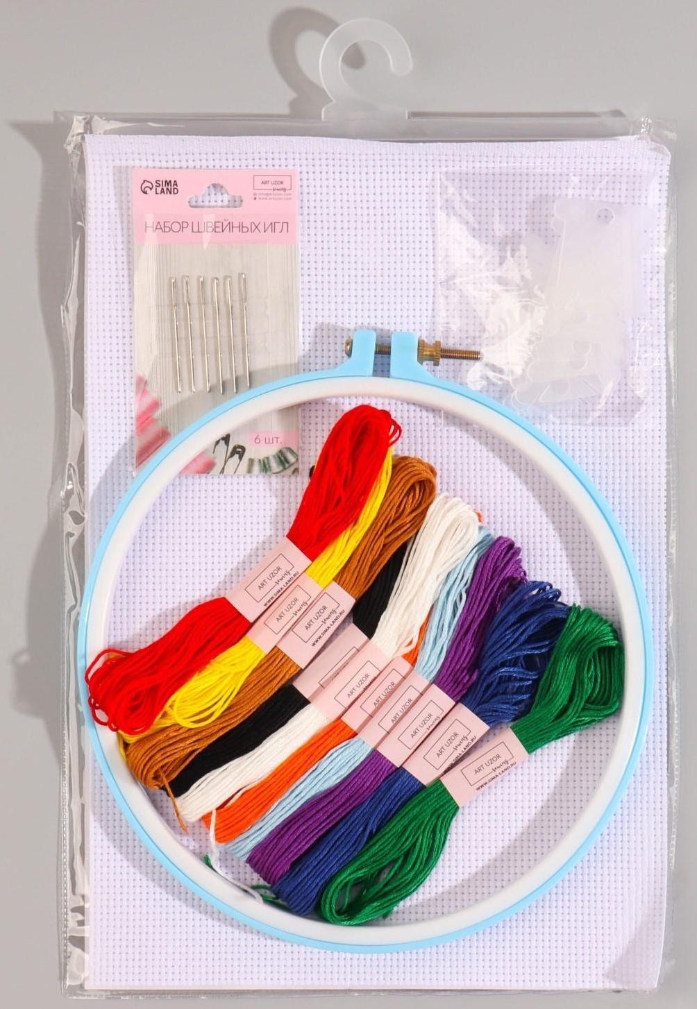 Набор для вышивания крестиком: канва без рисунка 30×20 см, нитки 10 шт, пяльцы d = 18 см, иглы 6 шт, шпульки 10 шт