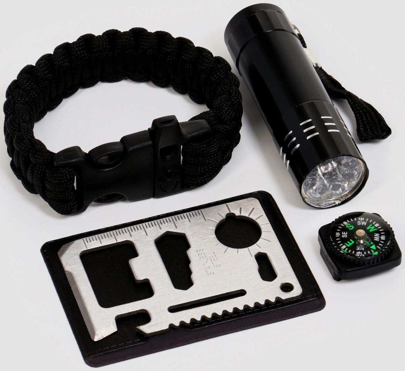 Набор для выживания 4в1 (фонарь, карта для выживания, паракорд, компас)