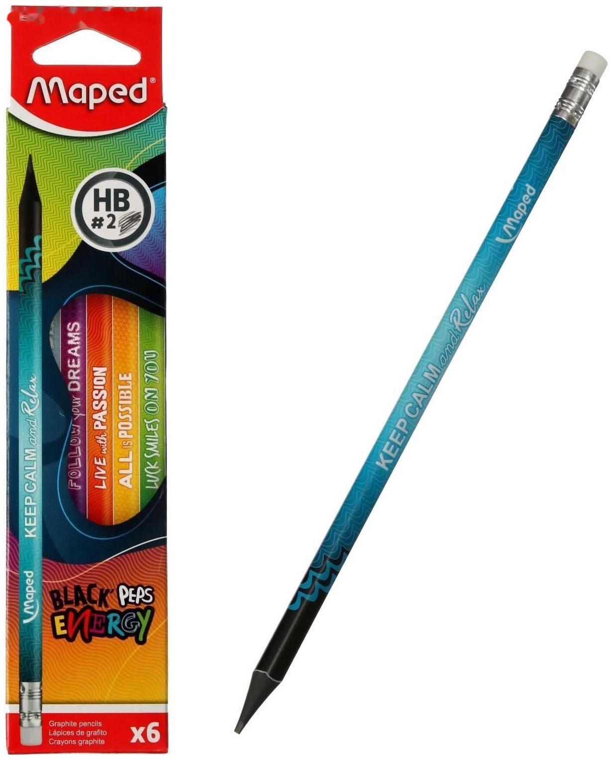 Карандаш чернографитный Maped Navy Pep`s Energy HB, пластиковый, с ластиком, треугольный, 6 штук в блистере