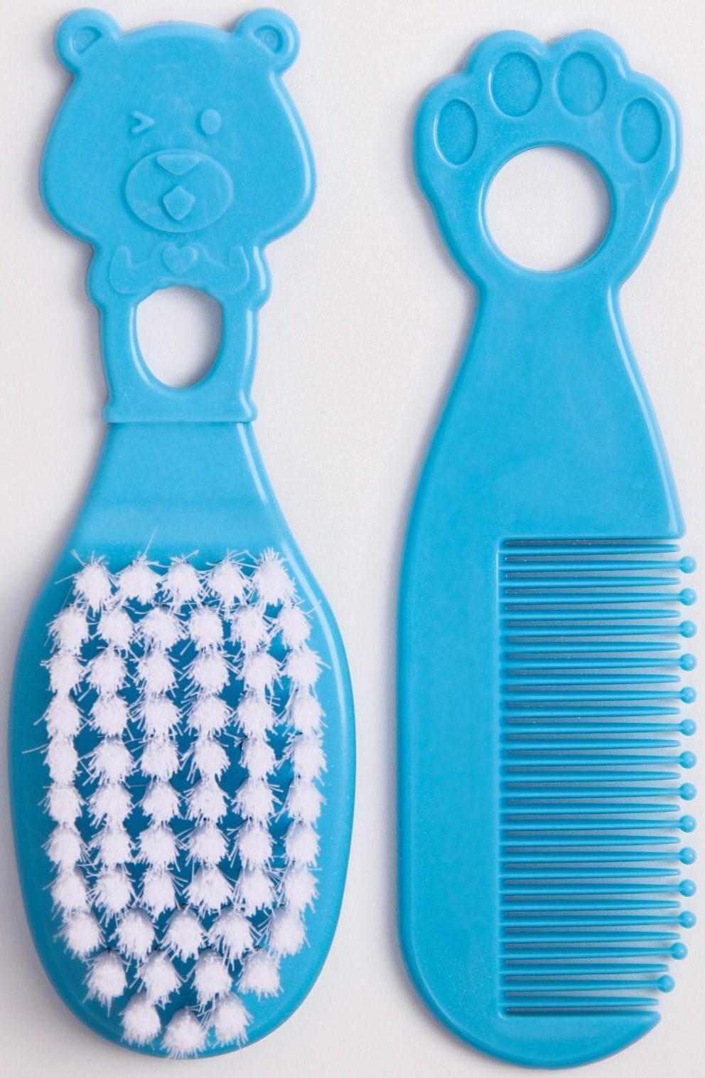 Набор для ухода за волосами: расческа и щетка, «Мишка», цвет голубой