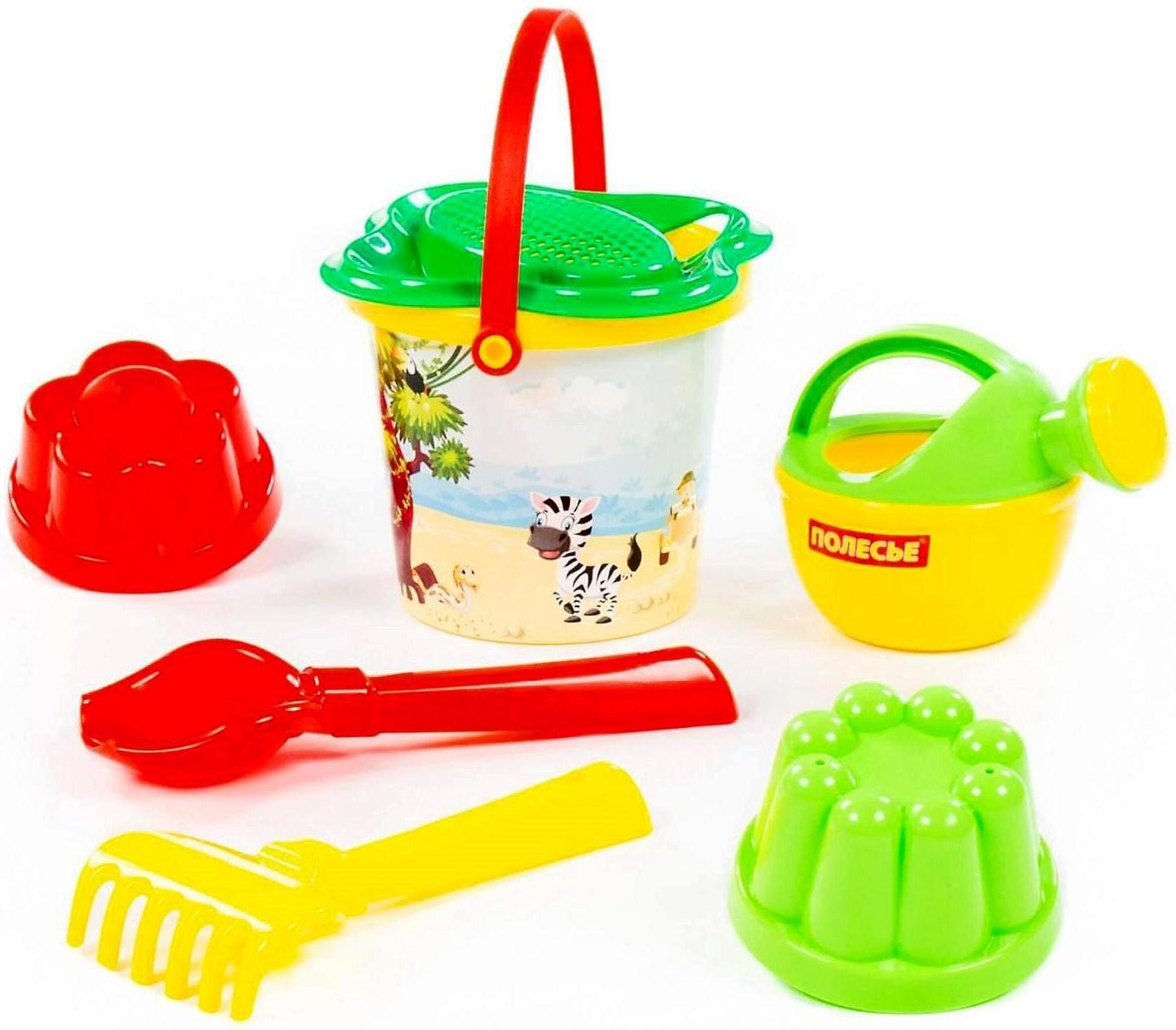 Песочный набор №228 ведро с наклейкой, ситечко-цветок, совок, грабельки, 2 формочки, лейка