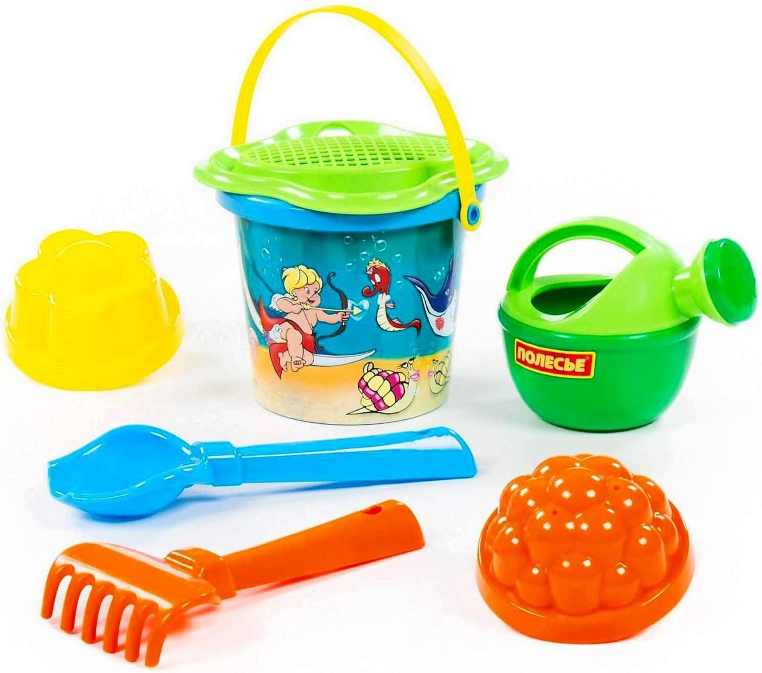 Песочный набор №228 ведро с наклейкой, ситечко-цветок, совок, грабельки, 2 формочки, лейка