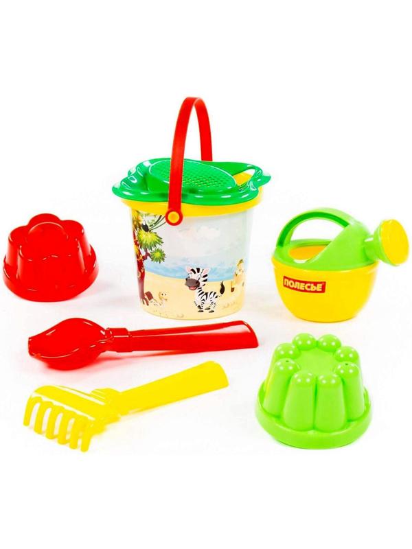 Песочный набор №228 ведро с наклейкой, ситечко-цветок, совок, грабельки, 2 формочки, лейка
